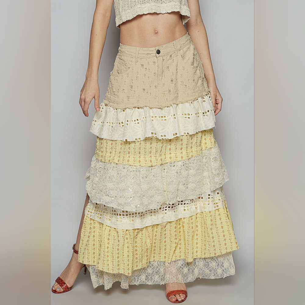 POL Boho Ruffle Patchwork Tiered Maxi Skirt - Yellow Cream Lace Mix